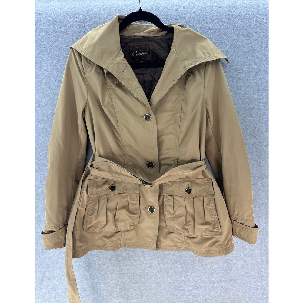Cole Haan Women's sz 4 Belted Windbreaker Rain Jacket Utility Tan Mid Trench